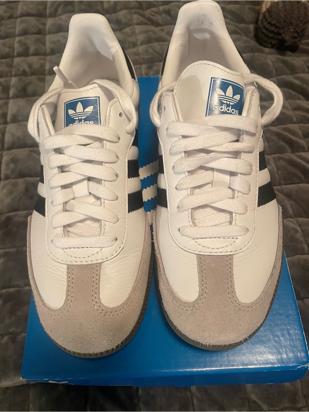 adidas women’s White Sneakers with Black Stripes and Tan Suede Accents